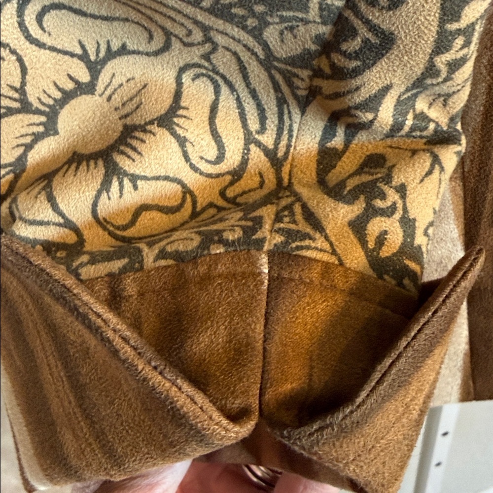 Coldwater Creek Faux Suede Tan and Brown Patchwork Patterned Blazer open front - Picture 5 of 8